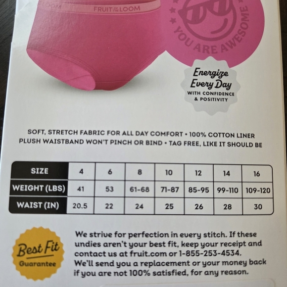 ‼️3/$30‼️Fruit of the Loom Girls’ Energize Briefs 5-Pack Size 16 Multicolor New - Picture 7 of 7